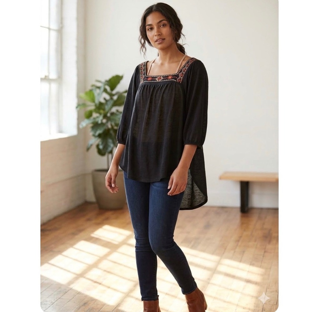 French Laundry Tunic Top Women M Blck Embroidered High Low Boho Peasant Festival